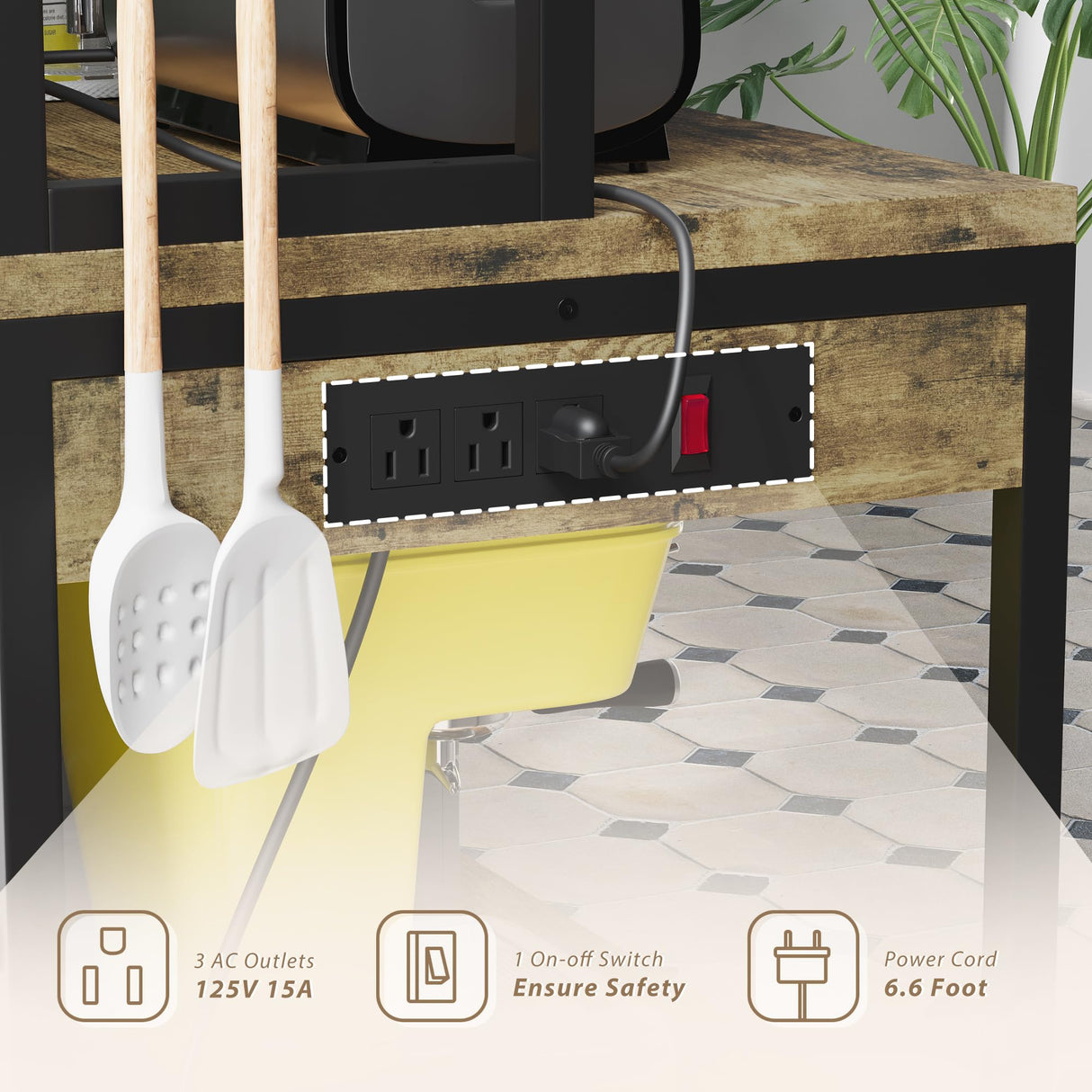 YESHOMY Kitchen Baker’s Rack with Power Outlet, 5-Tier Microwave Stand, Coffee Bar with 8 S-Shaped Hooks, Heavy Duty Storage Shelf Unit for Spices, Pots, Rustic Brown YESHOMY