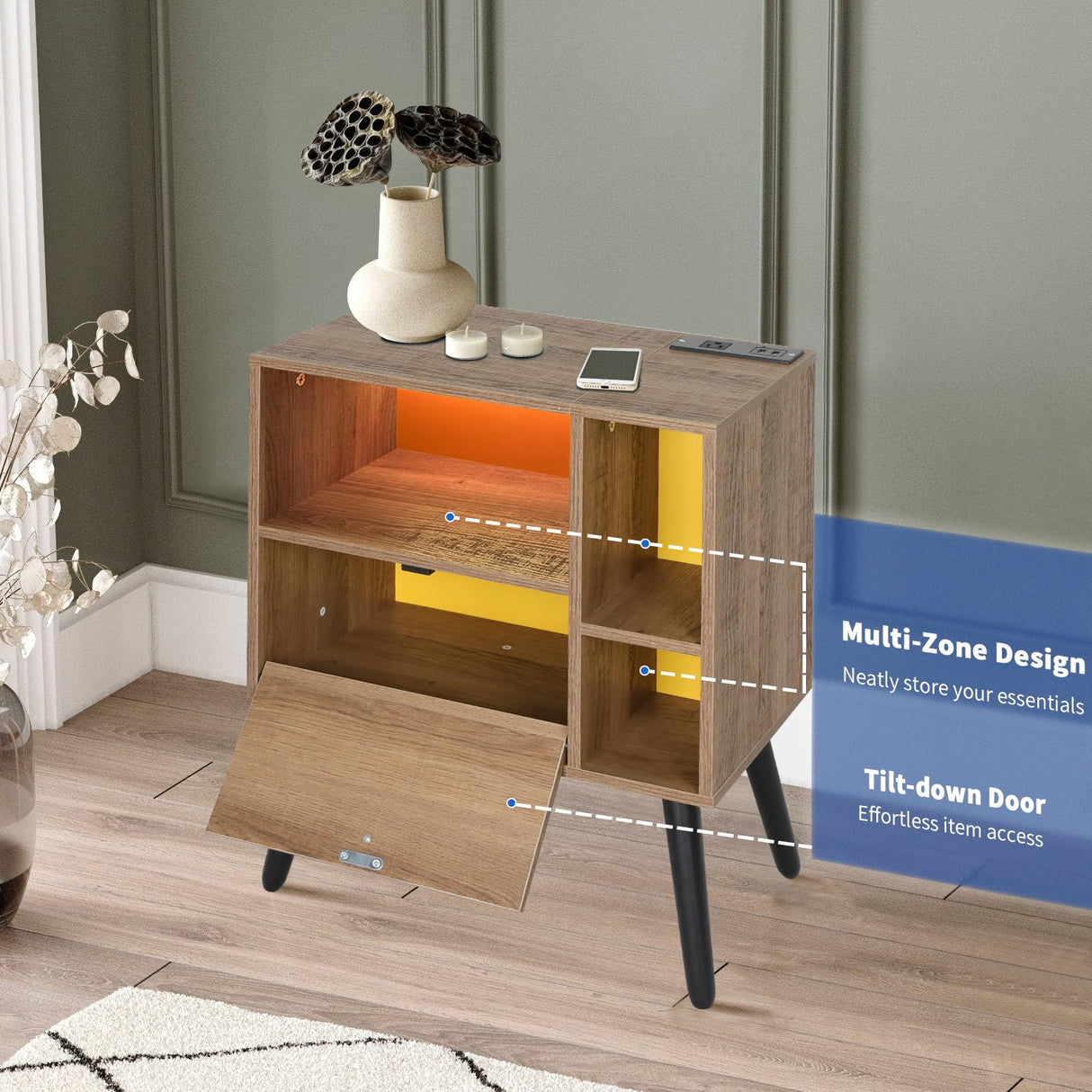 VIWODS Nightstand with Charging Station and LED Lights, Bedside Table with Solid Wood Legs for Bedroom, Oak and Yellow VIWODS