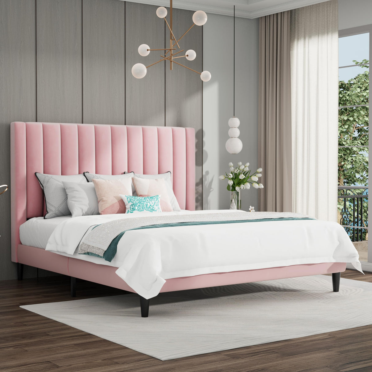 SHA CERLIN King Bed Frame/Velvet Upholstered Platform Bed Frame with Headboard/Strong Wood Slats Support/Mattress Foundation/No Box Spring Needed - Pink SHA CERLIN