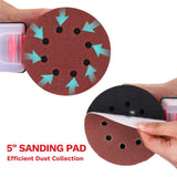 Orbital Sander Corded Hand Sander: DEKOPRO 20V 5" Random Orbital Sander with Dust Box, 6 Various Speeds Electric Palm Sander with Dust Box, 16Pcs Sandpapers for Woodworking & Sanding (Red) DEKOPRO
