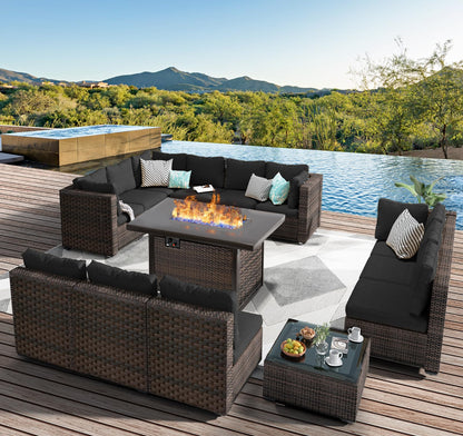 14 Piece Patio Furniture Set with 42In Fire Pit Table， Outdoor Furniture Sets Rattan Sectional Couch Outdoor Chairs with No-Slip Cushions and Waterproof Covers for Lawn, Poolside, Backyard Black