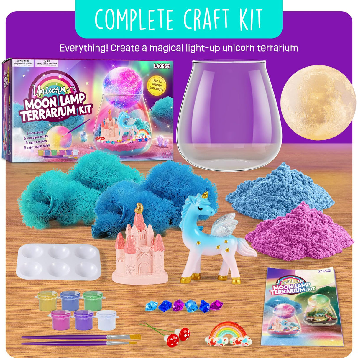 Unicorn Terrarium Gifts for Kids - Light Up Terrarium Crafts Kit with DIY Moon Lamp - Unicorn Toys for Girls - Arts and Crafts Birthday Gift for Girls Ages 4 5 6 7 8-12 Year Old LAOESE