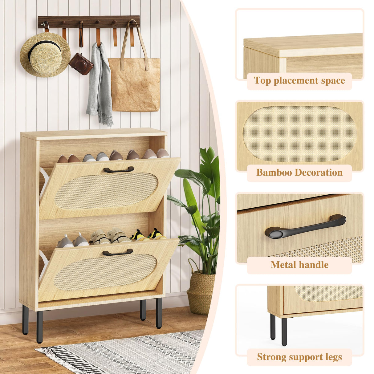 Crownland Shoe Cabinet, Shoe Storage Cabinet with 2 Flip-Out Drawers, Modern Two-Tier Shoe Rack Cabinet for Entryway, Hallway, Living Room(Wood) Crownland