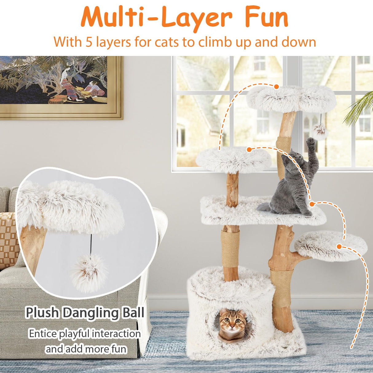 Tangkula Modern Cat Tree, 53 Inch Tall Natural Branch Wooden Cat Tower with Jute Scratching Posts, Plush Perch, Condo, Aesthetic Luxury Solid Wood Flower Cat Tree for Indoor Cats Large Adult (White) Tangkula