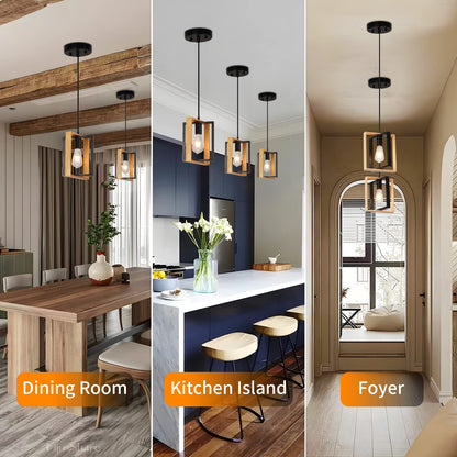 foucasal Pendant Lights Kitchen Island Black Pendant Light Fixtures with Rotatable Wood Frame Kitchen Island Pendant Lighting for Dining Room, Foyer - WoodArtSupply