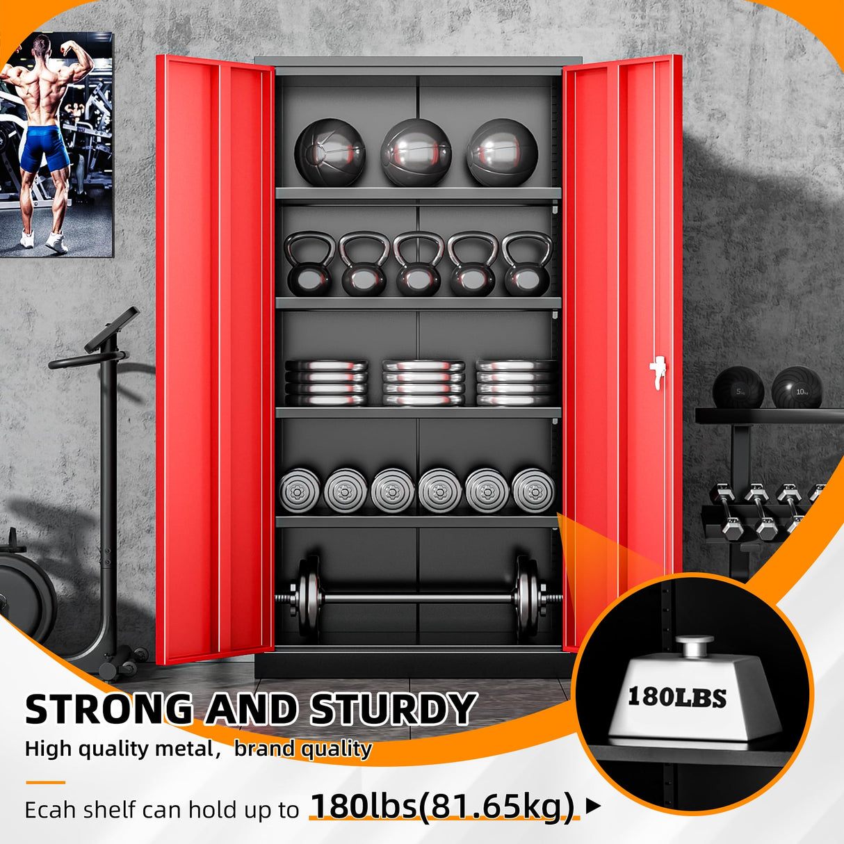 INTERGREAT Storage Cabinet, 72” Black Red Garage Steel Locking Cabinet with Doors and 4 Adjustable Shelves, Tall Lockable File &Tool Cabinet for Home Office, Metal Classroom Cabinet Basement INTERGREAT