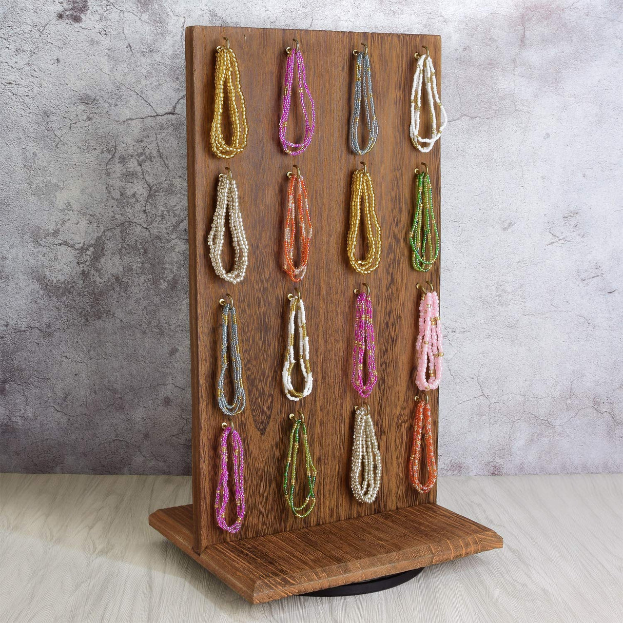 Ikee Design Wooden Rotating Two-Sided Jewelry Display Stand, Rotating Organizer with 32 Hooks for Store, Earring Keychain Display with Hooks, Brown color, 9 W x 7.5 D x 16.5 H in Ikee Design
