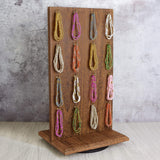 Ikee Design Wooden Rotating Two-Sided Jewelry Display Stand, Rotating Organizer with 32 Hooks for Store, Earring Keychain Display with Hooks, Brown color, 9 W x 7.5 D x 16.5 H in Ikee Design