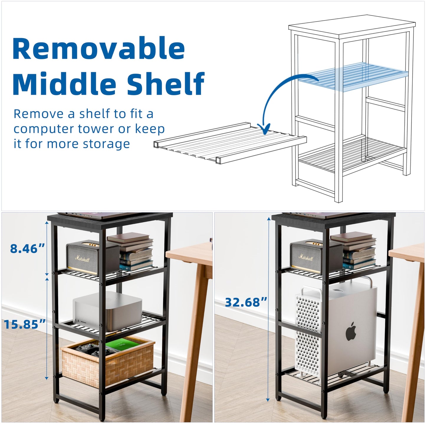 GEORIS Printer Stand Holder 4 Tier - Heavy Duty Metal Shelving Unit for Printer Shelf Office Organizer, Industrial Printer Side Table with Wood Desk for Scanner Fax Machine, Black - WoodArtSupply