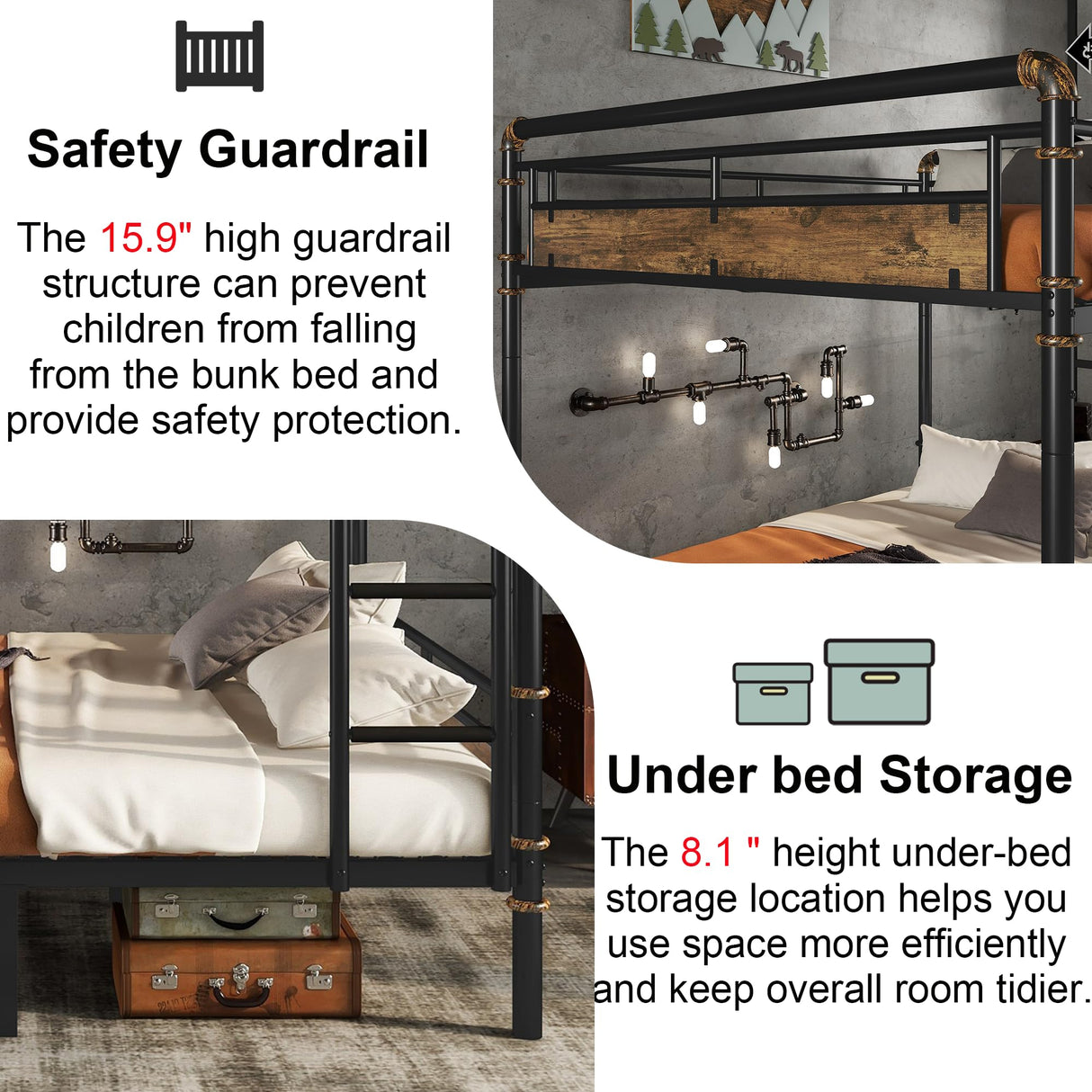 MoproBeti Queen Over Queen Industrial Bunk Beds for Teens or Adults, Heavy-Duty 2 in 1 Metal Convertible Bunk Bed with Ladder and Slats Support,15.9" High Guard Rail,Space-Saving,Noise Reduced,Black MoproBeti