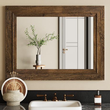 Rustic Wall-Mounted Vanity Mirror, Solid Wood Frame Bathroom Mirror, Farmhouse Style for Living Room, Bedroom, Entryway, Horizontal/Vertical Hanging ALBAD