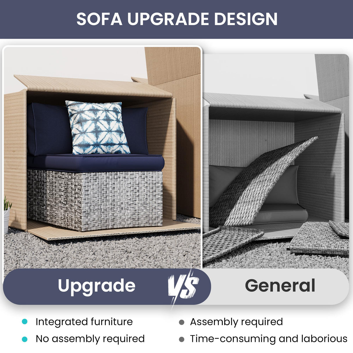 UDPATIO Patio Furniture Set Integrated Outdoor Sectional 4 Pieces Grey Rattan Modular Curved Sofa Set with Wicker Side Table,2 Pillows,Fit for Backyard,Pool,Balcony,Sunroom(Blue) UDPATIO