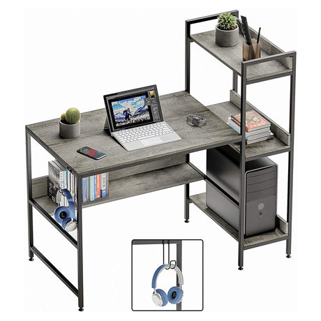 Bestier Computer Office Desk with Steel Frame, Reversible Book Shelves, Headphone Hook, Adjustable Feet, & Under Desk Storage, Grey Bestier