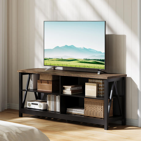 ChooChoo Farmhouse TV Stand for TVs up to 55 Inch, Modern Entertainment Center with 4 Open Shelves & Built-in Cable Holes, Media TV Console for Living Room, Bedroom, Black ChooChoo
