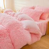 ERLOXO Fluffy Pink Faux Fur Comforter Cover Set，Fluffy Fuzzy Plush Pink Bedding 3Pcs (1 Faux Fur Duvet Cover +2 Fuzzy Pillowcases) Pink Fluffy Bed Set (Pink, Queen) ERLOXO