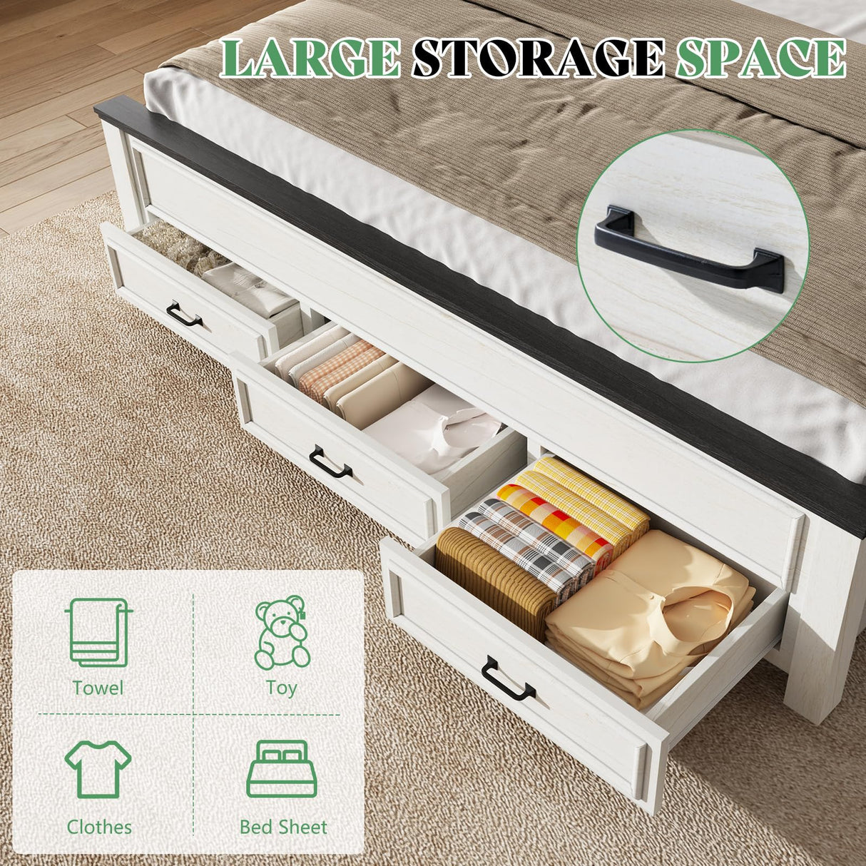 AMERLIFE King Size Bed Frame with 52.2" Tall -Panel Headboard & Footboard, Farmhouse Wood Platform Bed Frame with 3 Large Storage Drawers, Noiseless, No Box Spring Needed, Rustic White AMERLIFE