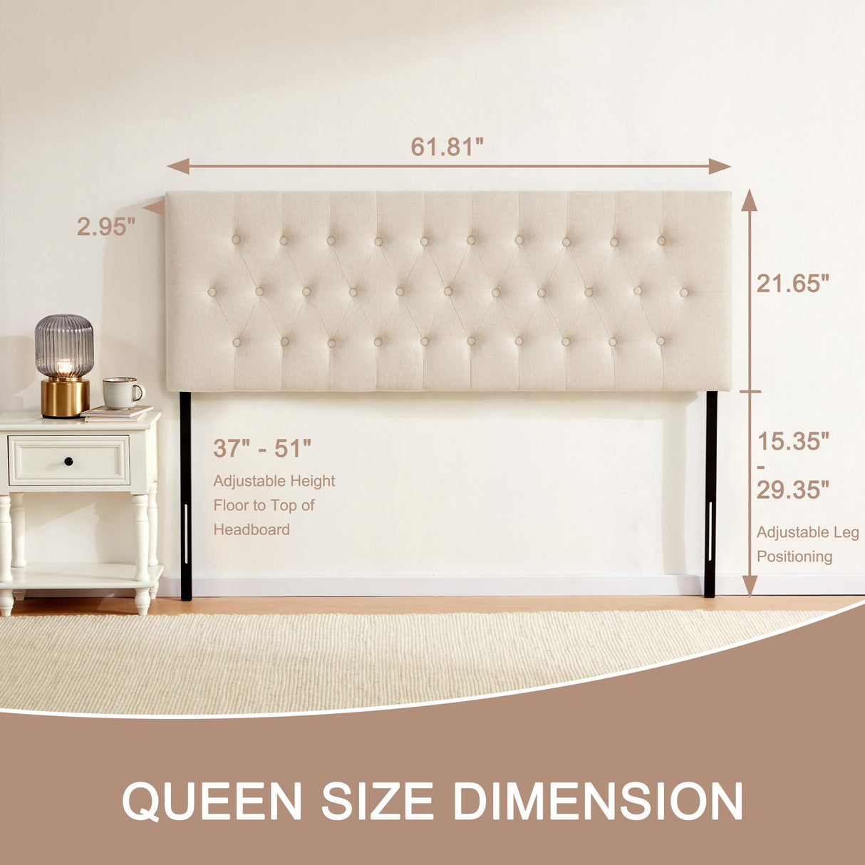 Huatean Home Tufted Upholstered Headboard Queen Size, Solid Wood Head Board with Durable Metal Legs, Adjustable Height Bed headboard from 37” to 51” Fabric Headboard in Modern Button Design, Beige Huatean Home