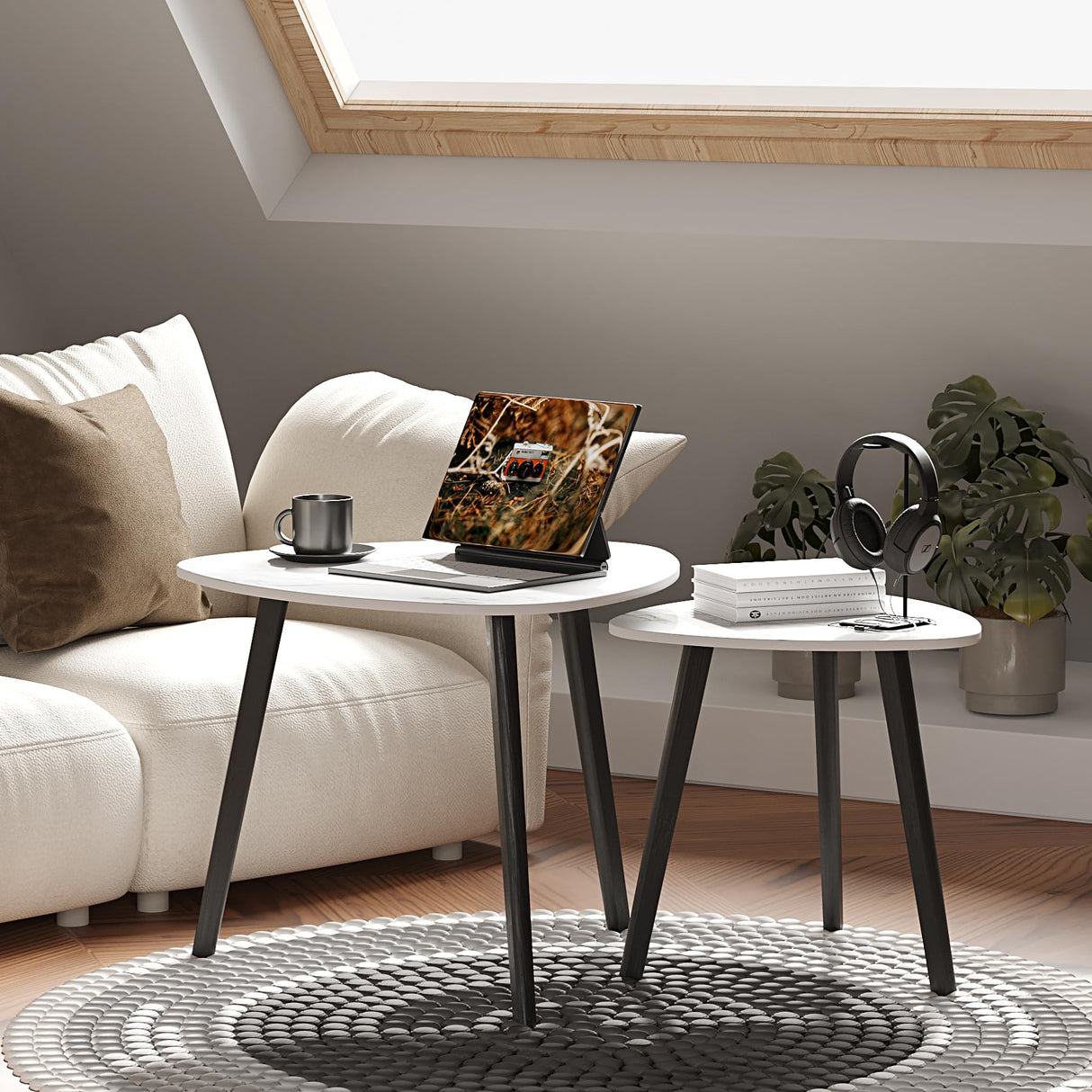 BAMEOS Bamboo Nesting Triangle End Table,Set of 2 Coffee Table Modern Minimalist Side Table for Living Room (Marble White) BAMEOS