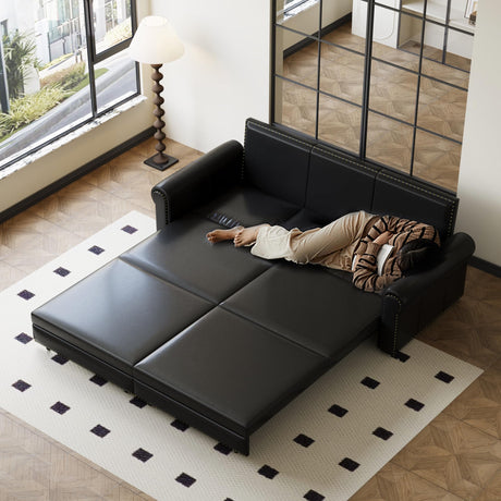 LuxyHoom 93.7" King Size Sleeper Sofa Bed, Pull Out Sofa Bed, Faux Leather Upholstery, 3 in 1 Convertible Sleeper Couch, Chaise Lounge, Retro Recliner for Living Room, Office, Apartment, Black LuxyHoom