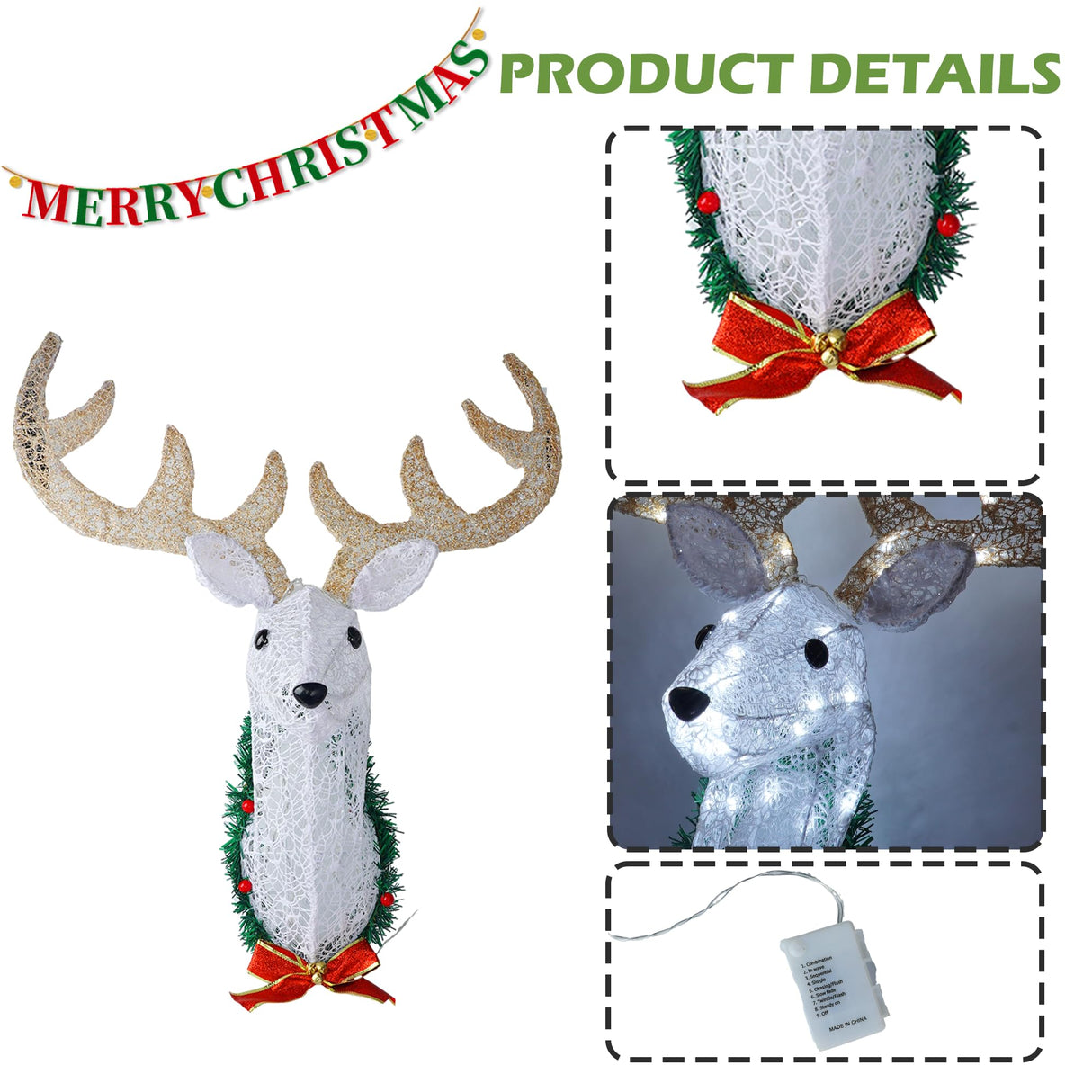 Hourleey Lighted Christmas Wall Decoration Reindeer Head, 32" 3D Battery Operated Rudolph Hanging Wreath with 8 Modes, Light Up Christmas Decor for Outdoor Indoor Front Door Window Xmas Hourleey
