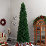 Nearly Natural 12ft. Slim Green Mountain Pine Artificial Christmas Tree with 1100 Clear LED Lights and 3235 Tips Nearly Natural