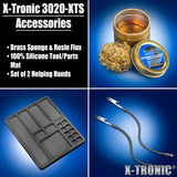 The Original X-Tronic 3020-XTS • 75W Soldering Iron Station Kit • 2 Helping Hands • Silicone Tool Mat • 5 Extra Tips • 50g Roll of Solder • Brass Sponge • Cleaning Flux • C/F Conversion • Auto Sleep! X-TRONIC