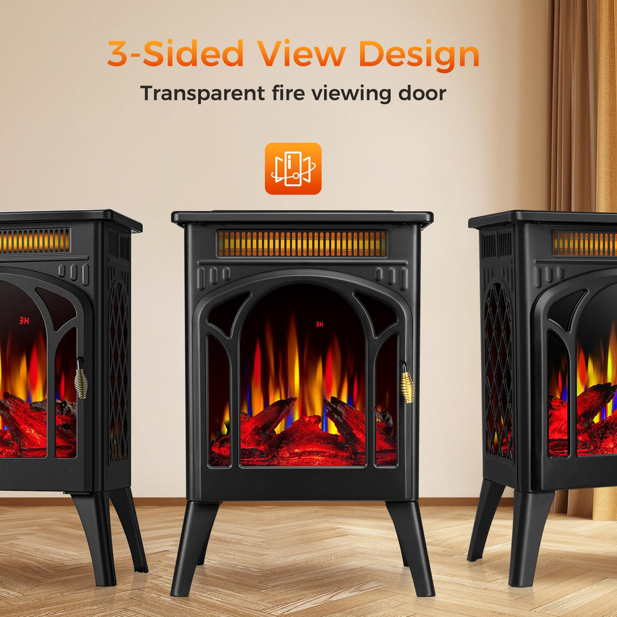 COWSAR Electric Fireplaces, 1500W Infrared Electric Stove Heater, Efficient Heating, 3D Realistic Flame, Remote Control, 8H Timer, Freestanding Stove for Living Room Bedroom Indoor Use, 5100 BTU COWSAR