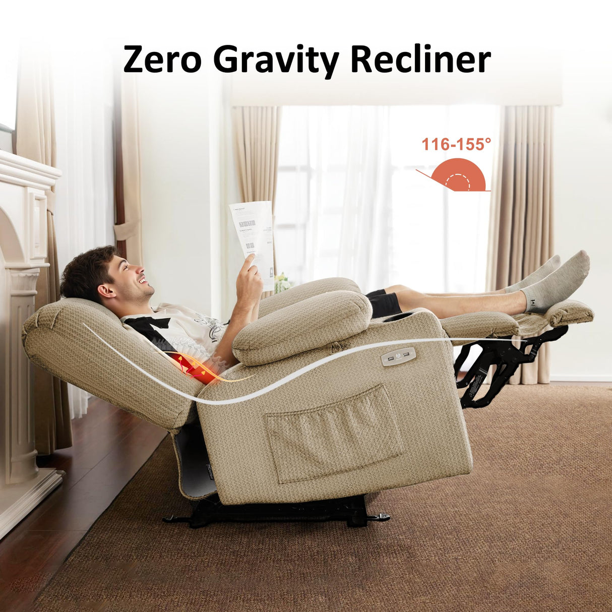 MCombo Zero Gravity Power Recliner Chair with Heat and Vibration Massage, Reclining Chair with USB & Type C Ports, Cup Holders for Living Room, Fabric PR670 (Beige Large 25.5" Seat Width) MCombo