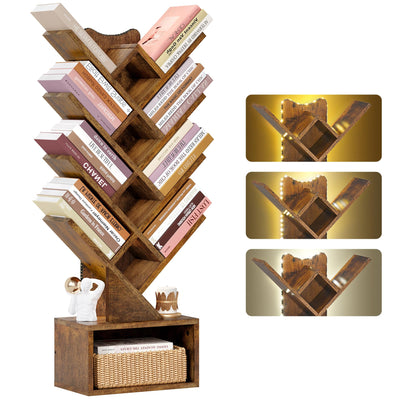 Gewudraw Tree Bookshelf with Lights LED, 4 Tier Book Shelf, Small Tree Bookcase with Storage Organizer,Floor Standing Corner Bookshelf for Bedroom, Living Room & Home Office, Rustic Brown