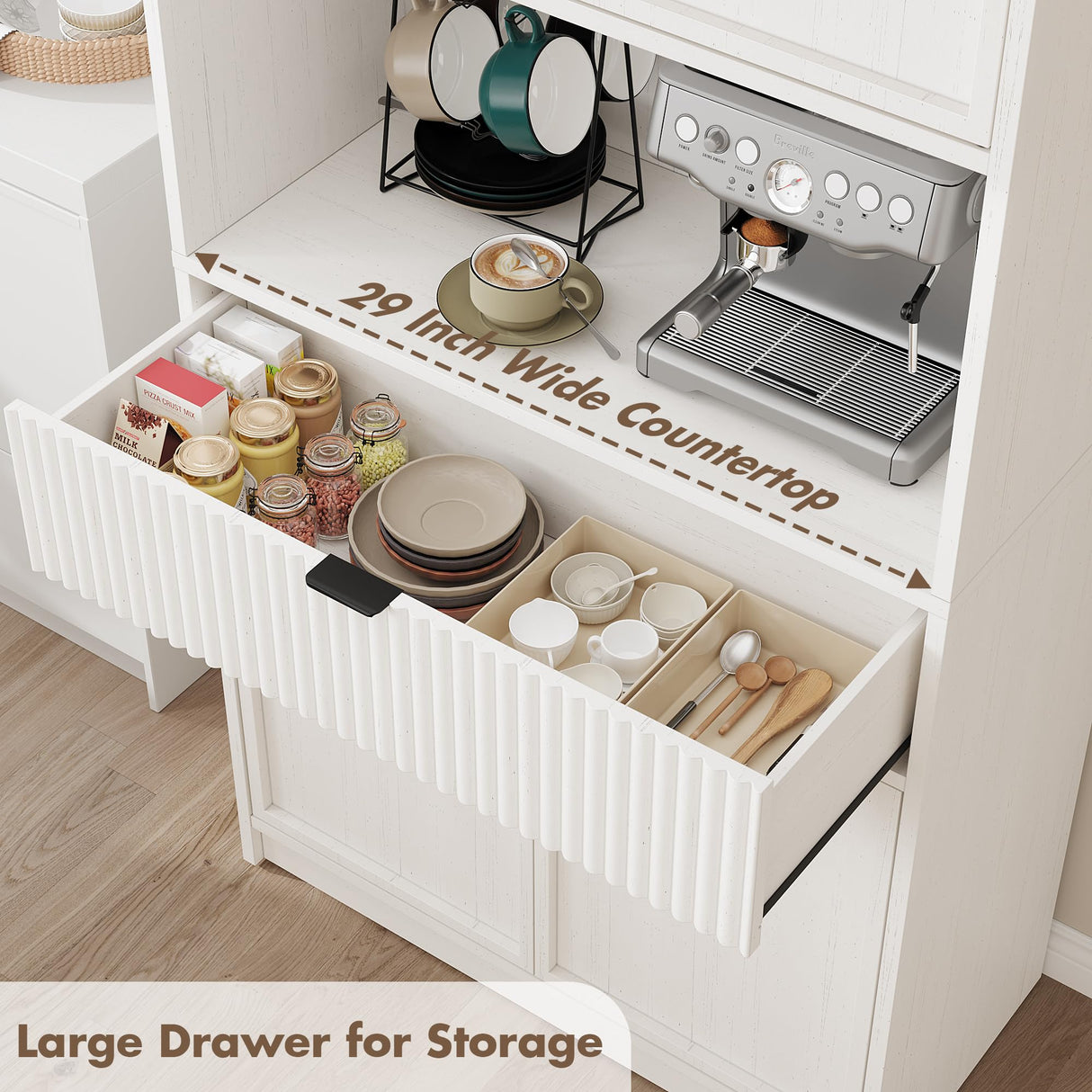 GarveeHome Kitchen Pantry Cabinet, 70" Tall Pantry Storage Cabinet with Countertop, Fluted Tall Cabinets with Doors and Drawer, Freestanding Cupboard for Dining Room, Living Room, Antique White GarveeHome