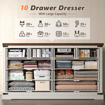 EnHomee 10 Drawer Dresser for Bedroom, Wood Dressers & Chest of Drawers for Bedroom, Hallway, Antique White,15" D x 55" W x 35.6" H - WoodArtSupply