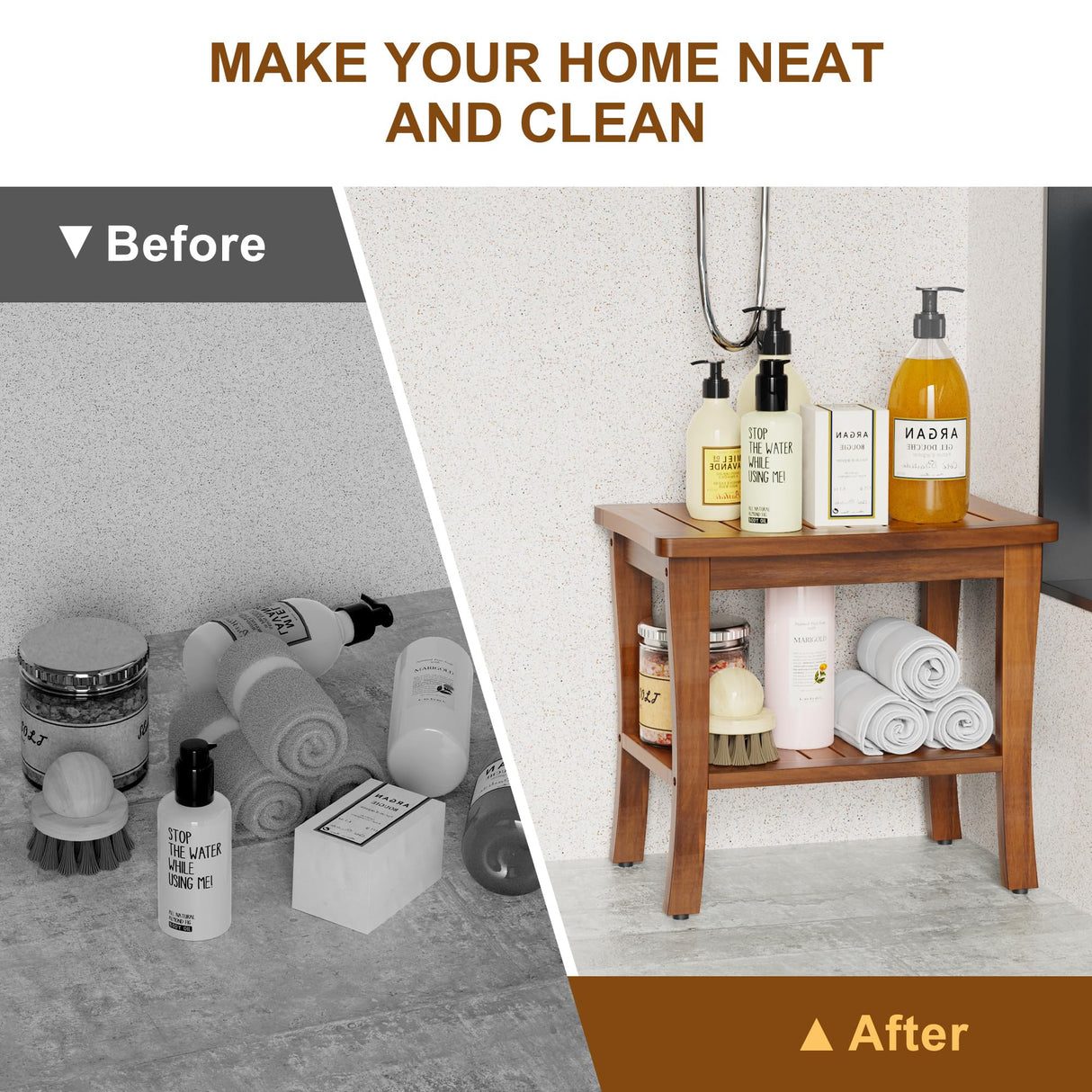 Teak Wood Shower Bench Stool with Storage Shelf, Wooden Waterproof Bathroom Spa Bathing Teak Shower Stool with Non-Slip Feet Gadget 2024 for Indoor or Outdoor Shower Chair Seat Organizer Greenual