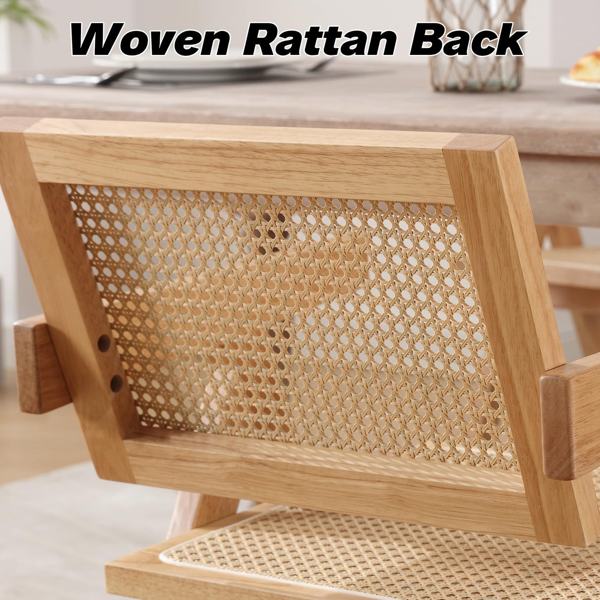 KCC Rattan Dining Room Chairs Set of 4, Comfy Modern Solid Wooden Boho Cane Kitchen Armchairs with Breathable Mesh Rattan Back and Seat for Restaurant/Kitchen/Living Room(Natural) KCC