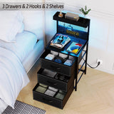 SZLHANJZ LED Nighstand with Charging Station, Dresser Nightstand with 3 Drawers and LED Lights, Storage Side Table with Shelf and Hooks, Tall End Table for Bedside, Bedroom, Modern Black SZLHANJZ
