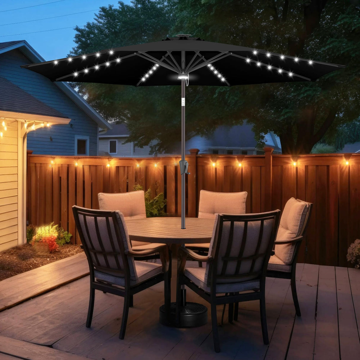 FLAME&SHADE 10 ft Solar Powered Outdoor Market Patio Table Umbrella with LED Lights and Tilt, Black FLAME&SHADE