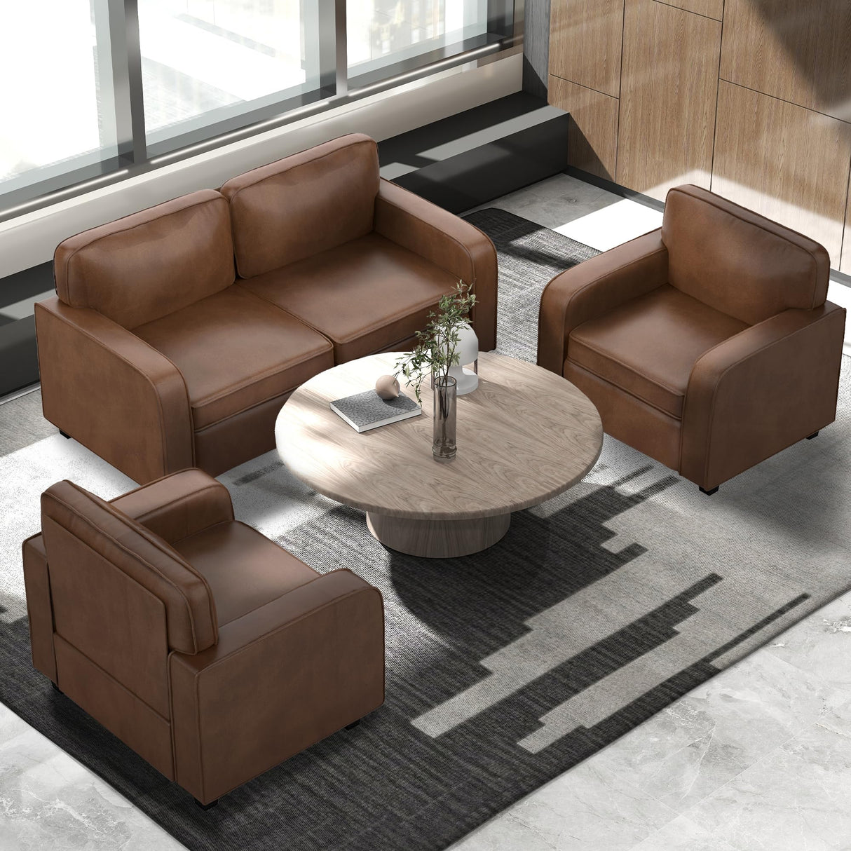 HXZDZ 66" PU Faux Leather Couch, Mid-Century Modern Loveseat Sofa with Solid Wood Legs for Living Room, Bedroom, Office, Brown HXZDZ