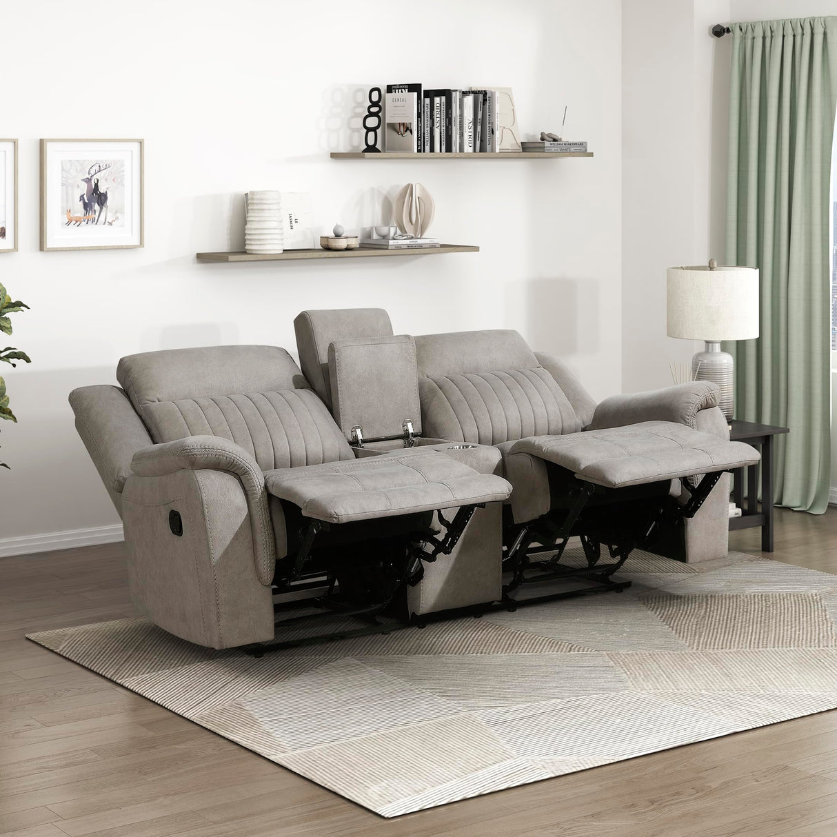 Lexicon Manual Double Reclining Loveseat, Polished Microfiber Manual Wall Hugger Loveseat Recliner for Living Room, Center Storage Console/Cup Holders, Easy Assembly, Dove Lexicon