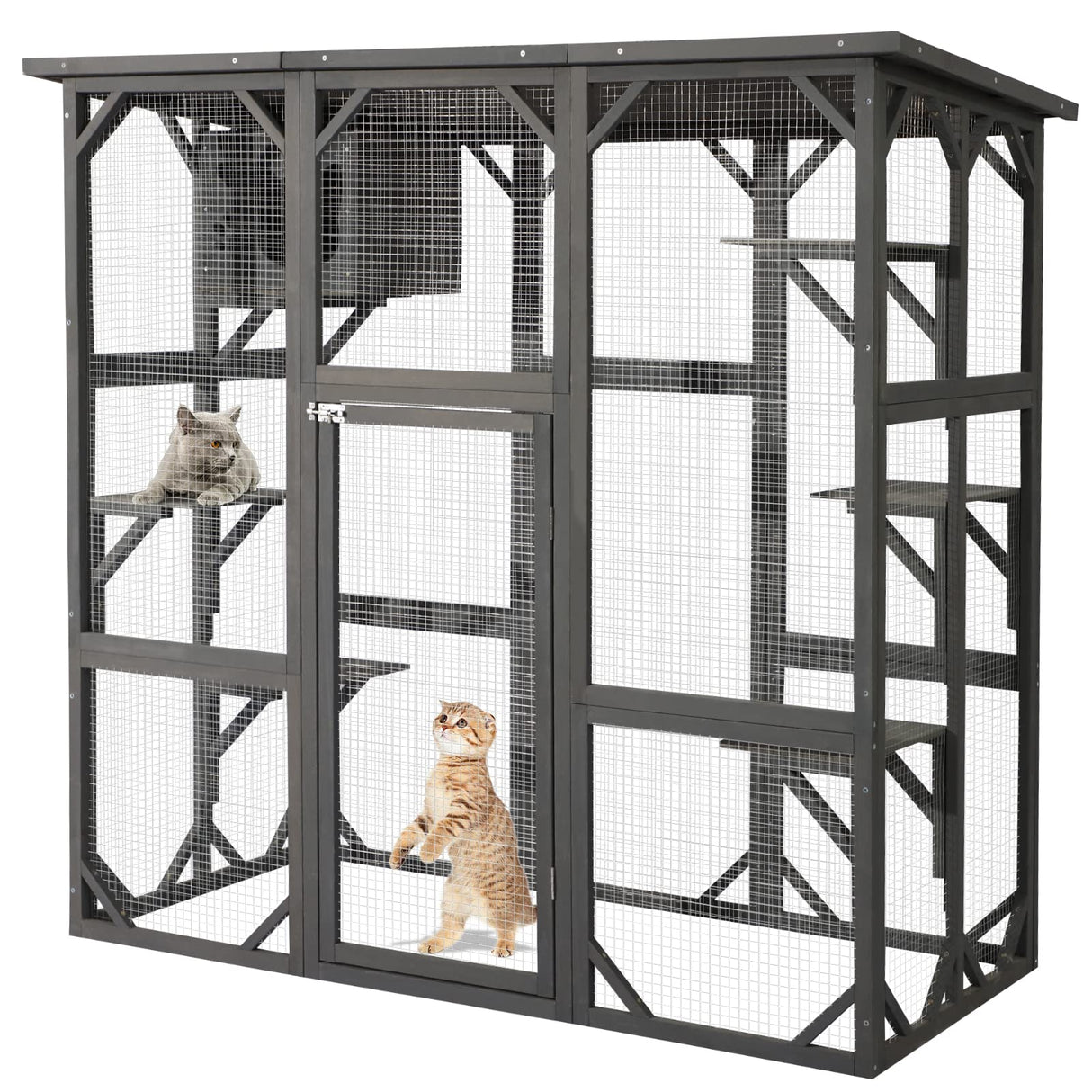 JOVNO Large Outdoor Cat House Catio Kitty Enclosure with Large Enter Door, Wooden Cat Cage Condo Indoor Playpen with 6 Platforms & Small House (Grey) JOVNO