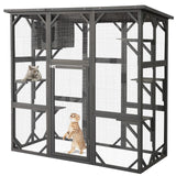 JOVNO Large Outdoor Cat House Catio Kitty Enclosure with Large Enter Door, Wooden Cat Cage Condo Indoor Playpen with 6 Platforms & Small House (Grey) JOVNO