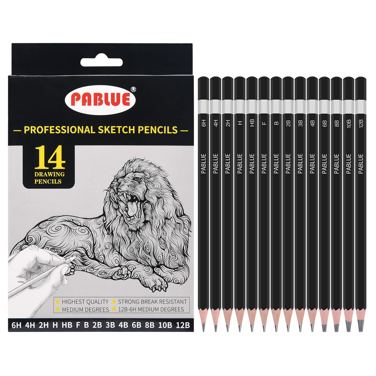 PABLUE Professional Triangular Drawing Sketching Pencil Set,6H,4H,2H,H,HB,F,B,2B,3B,4B,6B,8B,10B,12B Graphite Shading Pencils for Beginners,ProArtists,Drawing,Drafting,Sketching,Shading(14 Pcs) PABLUE