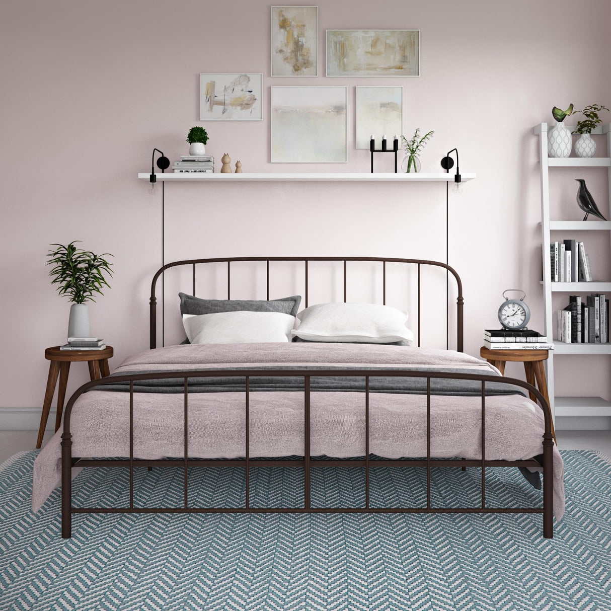 DHP Lafayette Metal Platform Bed with Rustic Style Curved Headboard and Footboard, Adustable Base Height for Underbed Storage, No Box Spring Needed, King, Bronze DHP