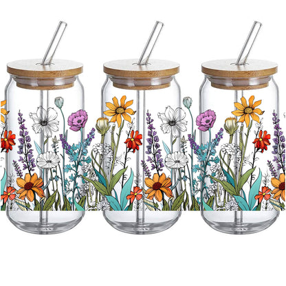 UV DTF Glass Cup Wrap Transfer Decal- Gift for Woman, Gift Your Self,Sister BBF Cowoker, Sublimation Design Wildflowers Summer UVDTF Waterproof Decal for 16oz Glass Cups - Ceramic Mug DIY Crafts-3PCS