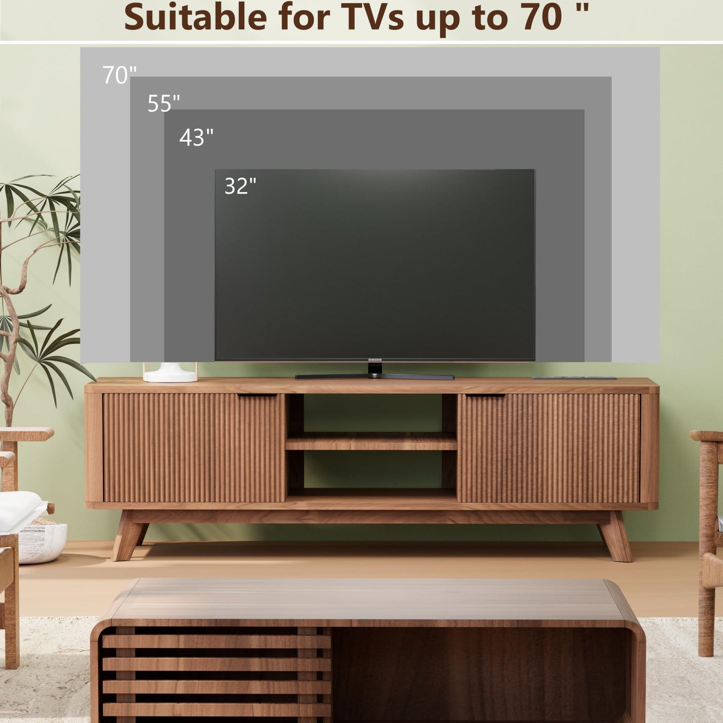 Royal Windsor Modern TV Stand for Living Room,Large TV Table with Fluted Door Cabinets and Open Shelves,Entertainment Center with Storage and TV Mount,Media Console Cabinet with Socket,Reddish Brown