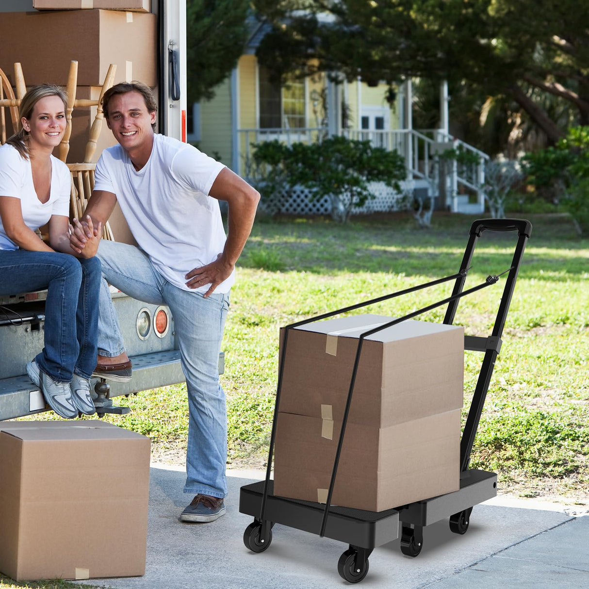 SOLEJAZZ Folding Hand Truck Portable Dolly for Moving, 500LB Luggage Cart Dolly with 6 Wheels & 2 Bungee Cords for Travel, Moving, Shopping Use, Black SOLEJAZZ