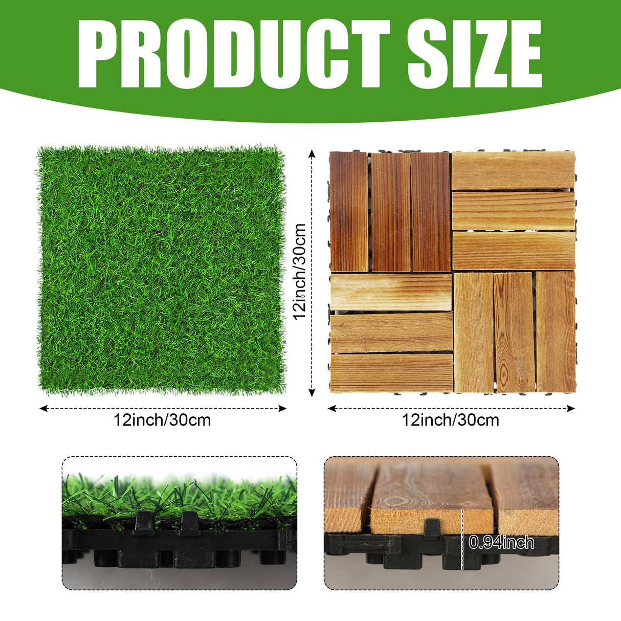 Sasylvia 48 Pcs Hardwood Interlocking Patio Deck Tile and Artificial Grass Tile Waterproof Wood Flooring Tile Interlocking Turf Tile Outdoor Self Draining Tile for Balcony Garden Patio Lawn, 12 x 12'' Sasylvia