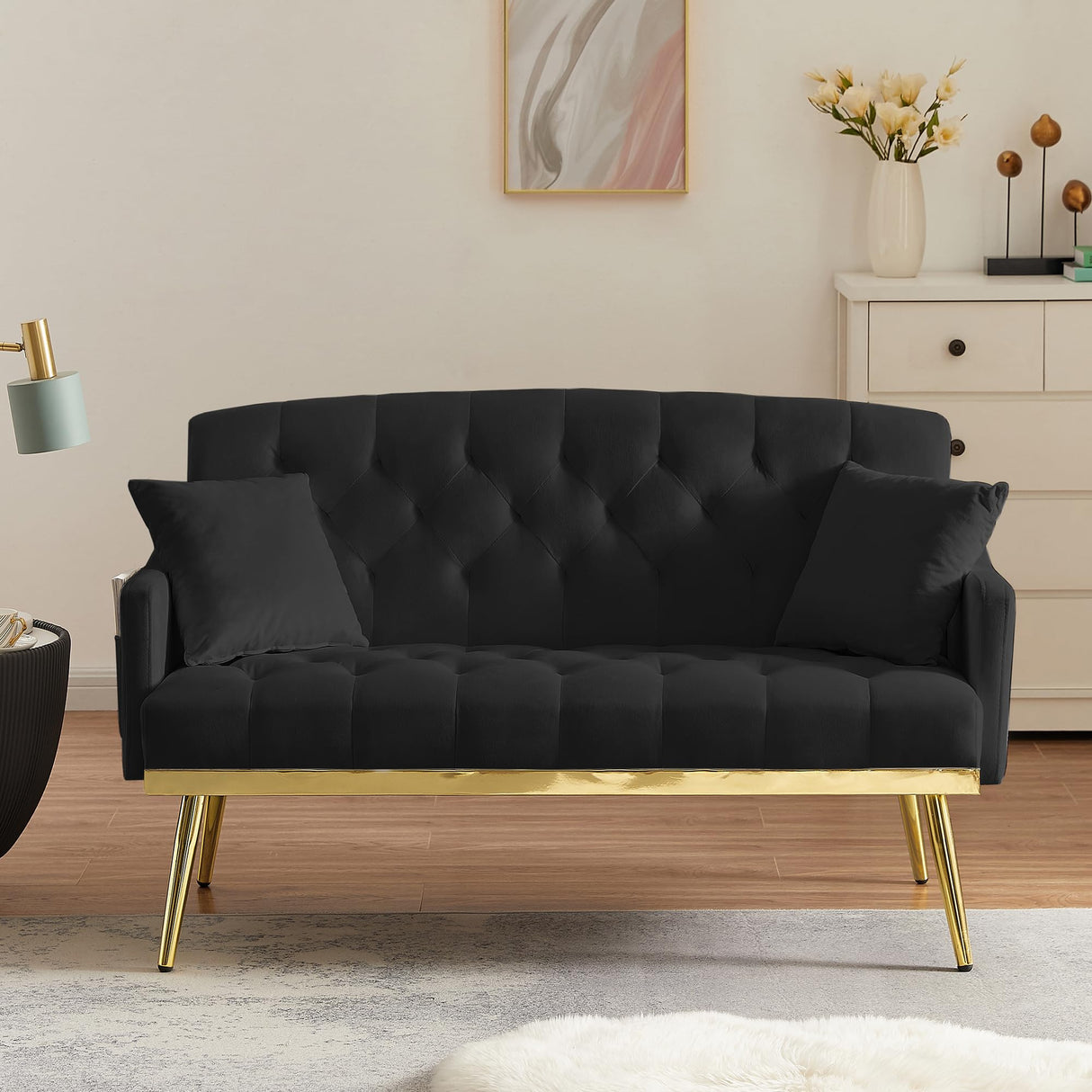 Small Loveseat Sofa, 55.5-inch Modern Sofa Couch with with 2 Side Pockets, Modern Tufted Sofa with Golden Metal Legs, Upholstered Space Saving Love Seat for Living Room, Bedroom, Office, Black KINFFICT