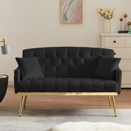 Small Loveseat Sofa, 55.5-inch Modern Sofa Couch with with 2 Side Pockets, Modern Tufted Sofa with Golden Metal Legs, Upholstered Space Saving Love Seat for Living Room, Bedroom, Office, Black KINFFICT