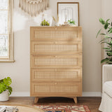 VIAGDO Rattan Dresser for Bedroom, 5 Drawer Dresser with Natural Rattan Drawers, Wooden Tall Dresser with Gold Handles, Modern Closet Dressers Chest of Drawers for Nursery Entryway Living Room VIAGDO