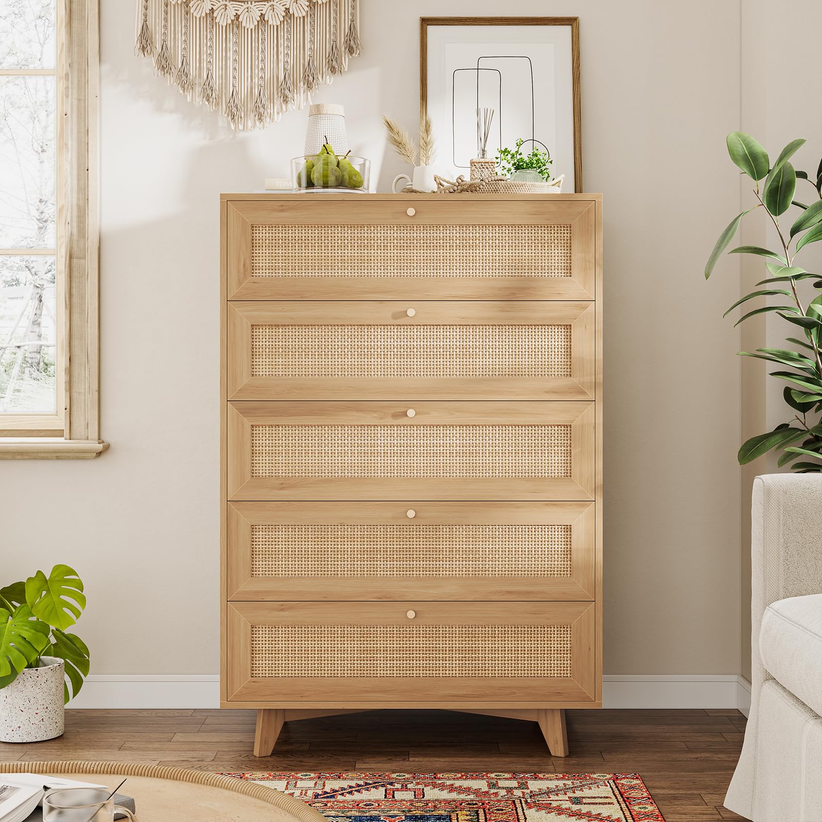 VIAGDO Rattan Dresser for Bedroom, 5 Drawer Dresser with Natural Rattan Drawers, Wooden Tall Dresser with Gold Handles, Modern Closet Dressers Chest of Drawers for Nursery Entryway Living Roo - WoodArtSupply