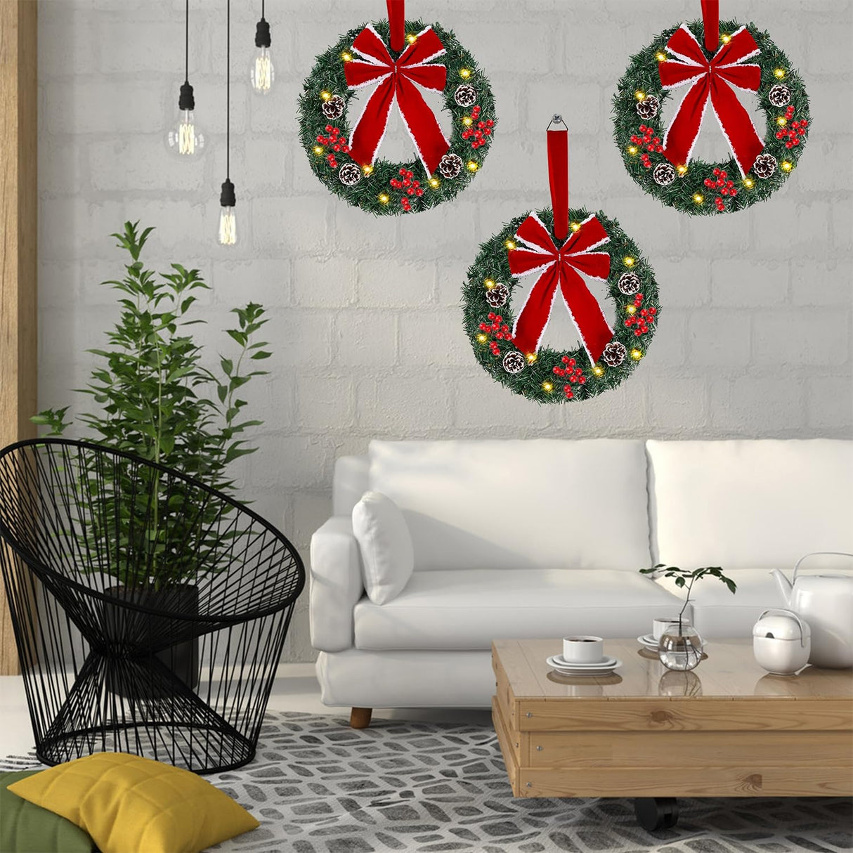 Hausse Set of 3 Christmas Wreaths, Lighted Artificial Christmas Wreath with LED Lights & Large Red Bow Ornaments, 8 Modes & Timer, Battery Operated for Front Door Gate Wall Xmas Party Decorations Hausse